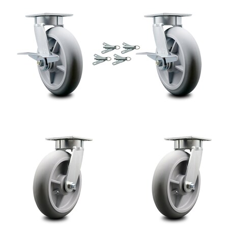 Service Caster 8 Inch Kingpinless Thermoplastic Rubber Wheel Caster Swivel Locks 2 Brakes, 4PK SCC-KP30S820-TPRRD-SLB-BSL-2-BSL-2
